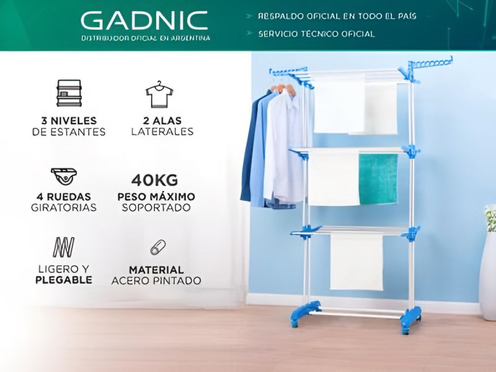 TENDER DE 3 PISOS CON RUEDAS Y CONLGANTE
